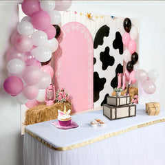 Lofaris Pink Cow Print Cowgirl Birthday Backdrop with Balloons and Boots, Farm Party Photo Booth Background for Girls Celebration