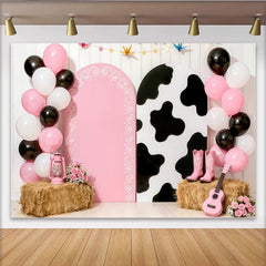 Lofaris Pink Cow Print Cowgirl Birthday Backdrop with Balloons and Boots, Farm Party Photo Booth Background for Girls Celebration