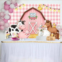 Lofaris Pink Gingham Farm Animal Birthday Backdrop with Barn and Lights, Adorable Photo Booth Props for Kids Party Decoration