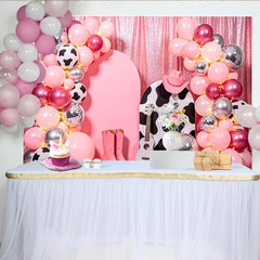 Lofaris Pink Cowgirl Disco Birthday Backdrop with Balloons and Cow Print, Shimmering Western Party Decor for Girls