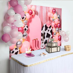 Lofaris Pink Cowgirl Disco Birthday Backdrop with Balloons and Cow Print, Shimmering Western Party Decor for Girls