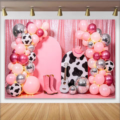 Lofaris Pink Cowgirl Disco Birthday Backdrop with Balloons and Cow Print, Shimmering Western Party Decor for Girls