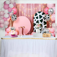 Lofaris Pink Cowgirl Birthday Backdrop with Disco Balls and Balloons, Western Party Background for Photoshoot Decor