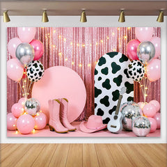 Lofaris Pink Cowgirl Birthday Backdrop with Disco Balls and Balloons, Western Party Background for Photoshoot Decor