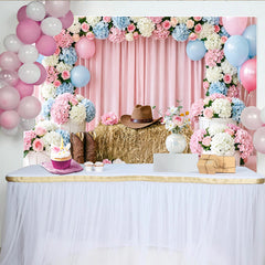 Lofaris Pink Blue Floral Western Gender Reveal Baby Shower Backdrop with Cowboy Hat and Boots, Rustic Photography Background for Party Decor