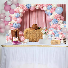 Lofaris Pink Blue Floral Cowgirl Baby Shower Backdrop with Cowboy Hat and Boots, Rustic Hay Bale Photography Background for Western Party