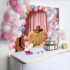 Lofaris Pink Blue Floral Cowgirl Baby Shower Backdrop with Cowboy Hat and Boots, Rustic Hay Bale Photography Background for Western Party