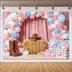 Lofaris Pink Blue Floral Cowgirl Baby Shower Backdrop with Cowboy Hat and Boots, Rustic Hay Bale Photography Background for Western Party