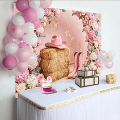 Lofaris Pink Cowgirl Floral Baby Shower Backdrop with Hay and Boots, Elegant Western Party Background for Girls Photoshoot Decor