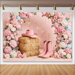 Lofaris Pink Cowgirl Floral Baby Shower Backdrop with Hay and Boots, Elegant Western Party Background for Girls Photoshoot Decor