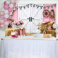 Lofaris Pink Cowgirl Birthday Backdrop with Barn Doors, Hay Bales and Roses, Western Party Photography Background for Girls