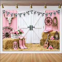 Lofaris Pink Cowgirl Birthday Backdrop with Barn Doors, Hay Bales and Roses, Western Party Photography Background for Girls