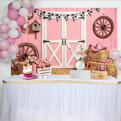 Lofaris Pink Western Barn Backdrop with Cow Print Bunting, Rustic Farmhouse Background for Girls Birthday Party or Studio Photos