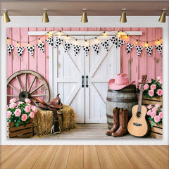 Lofaris Pink Western Barn Photography Backdrop with Cow Print Bunting, Rustic Farmhouse Background for Studio Photoshoot