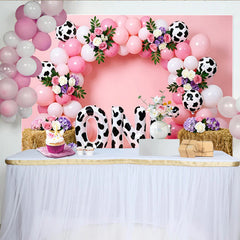 Lofaris Pink Cow Print First Birthday Backdrop with Balloons and Flowers, Farm Theme Photo Background for Baby Girl Party Decoration