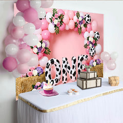 Lofaris Pink Cow Print First Birthday Backdrop with Balloons and Flowers, Farm Theme Photo Background for Baby Girl Party Decoration