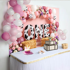 Lofaris Pink Cow Print 1st Birthday Backdrop with Balloons and Flowers, Cute Farm Animal Theme Photo Background for Baby Girl Party