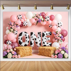 Lofaris Pink Cow Print 1st Birthday Backdrop with Balloons and Flowers, Cute Farm Animal Theme Photo Background for Baby Girl Party