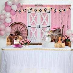 Lofaris Pink Barn Western Photography Backdrop with Cow Print Bunting and Wagon Wheel, Rustic Cowboy Boots and Guitar Background for Photoshoot