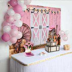 Lofaris Pink Barn Western Photography Backdrop with Cow Print Bunting and Wagon Wheel, Rustic Cowboy Boots and Guitar Background for Photoshoot
