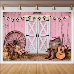 Lofaris Pink Barn Western Photography Backdrop with Cow Print Bunting and Wagon Wheel, Rustic Cowboy Boots and Guitar Background for Photoshoot