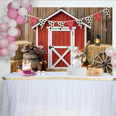 Lofaris Rustic Western Barn Photography Backdrop with Hay Bales and Bunting, Cowboy Boots and Hat Photo Background for Studio Photoshoot