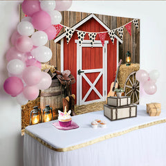 Lofaris Rustic Western Barn Photography Backdrop with Hay Bales and Bunting, Cowboy Boots and Hat Photo Background for Studio Photoshoot