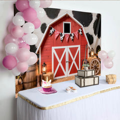 Lofaris Red Barn Western Photography Backdrop with Cow Print, Rustic Studio Background for Cowboy Theme Photoshoot