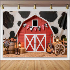 Lofaris Red Barn Western Photography Backdrop with Cow Print, Rustic Studio Background for Cowboy Theme Photoshoot