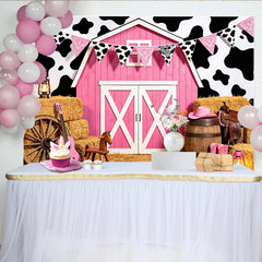 Lofaris Pink Cowgirl Birthday Backdrop with Barn and Cow Print, Western Farm Party Background for Girls Photoshoot Decoration