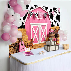Lofaris Pink Cowgirl Birthday Backdrop with Barn and Cow Print, Western Farm Party Background for Girls Photoshoot Decoration