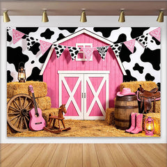 Lofaris Pink Cowgirl Birthday Backdrop with Barn and Cow Print, Western Farm Party Background for Girls Photoshoot Decoration