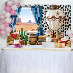 Lofaris Western Cowboy Birthday Backdrop with Desert View, Cow Print Hot Air Balloon Background for Party Photography