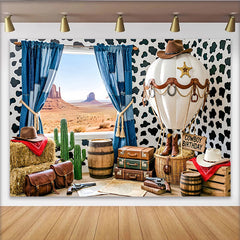 Lofaris Western Cowboy Birthday Backdrop with Desert View, Cow Print Hot Air Balloon Background for Party Photography