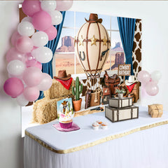 Lofaris Cowboy Birthday Photography Backdrop with Hot Air Balloon, Hay Bales and Desert View, Western Themed Party Decor for Kids Photoshoot