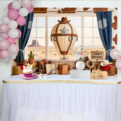 Lofaris Cowboy Birthday Backdrop with Hot Air Balloon and Desert Landscape, Western Theme Party Background for Photography