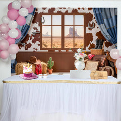 Lofaris Rustic Western Photography Backdrop with Desert Window View and Cowhide Pattern, Cowboy Theme Studio Background for Photoshoot