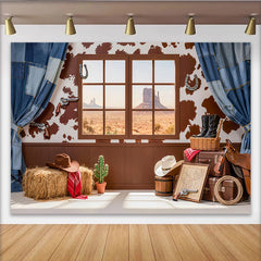 Lofaris Rustic Western Photography Backdrop with Desert Window View and Cowhide Pattern, Cowboy Theme Studio Background for Photoshoot