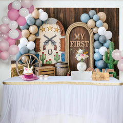 Lofaris Rustic Western First Birthday Backdrop with My First One Sign and Balloons, Cowboy Theme Photo Background for Baby Boy Party.