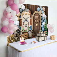 Lofaris Rustic Western First Birthday Backdrop with My First One Sign and Balloons, Cowboy Theme Photo Background for Baby Boy Party.