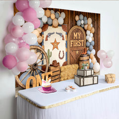 Lofaris Rustic Wooden Barn Western 1st Birthday Backdrop with Balloons and Wagon Wheel, My First Cowboy Photo Background for Party Decor