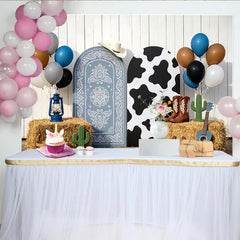 Lofaris Blue Bandana and Cow Print Cowboy Birthday Backdrop with Arched Panels, Western Ranch Party Decor for Kids Photoshoot