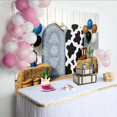 Lofaris Blue Bandana and Cow Print Cowboy Birthday Backdrop with Arched Panels, Western Ranch Party Decor for Kids Photoshoot