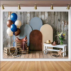 Lofaris Rustic Wood Western Photography Backdrop with Cowboy Hats and Saddle, Arched Panels Studio Background for Portrait Photoshoot