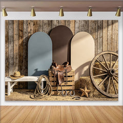 Lofaris Rustic Wooden Wall Western Photography Backdrop with Arched Panels and Wagon Wheel, Country Farm Studio Background for Photoshoot