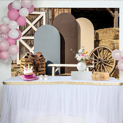 Lofaris Rustic Barn Wood Western Photography Backdrop with Hay Bales and Wagon Wheel, Earthy Arch Panels for Studio Photoshoot