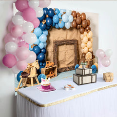 Lofaris Rustic Woodland Baby Shower Backdrop with Blue and Brown Balloons, Charming Photography Background for Boy or Girl Party Decor