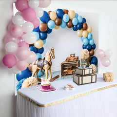 Lofaris Rustic Baby Shower Backdrop with Blue and Brown Balloons, Wooden Toys, Elegant Photo Background for Newborn or Toddler Party