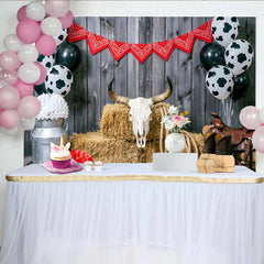 Lofaris Rustic Wood Western Cowboy Photography Backdrop, Farm Theme Background with Cow Print Balloons and Red Bandana
