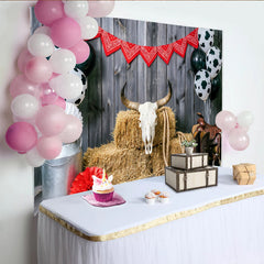 Lofaris Rustic Wood Western Cowboy Photography Backdrop, Farm Theme Background with Cow Print Balloons and Red Bandana